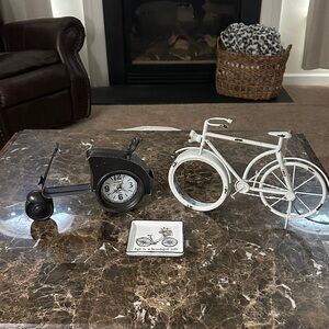 Black Scooter Clock and White Bicycle Decor